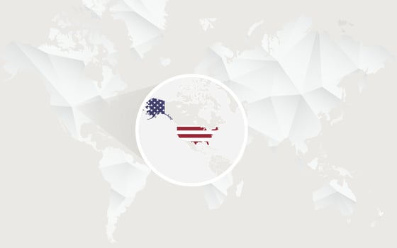USA map with flag in contour on white polygonal World Map. vector