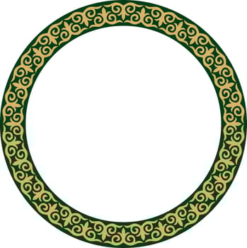Vector gold and green Kazakh national round pattern, frame. Ethnic ornament of the nomadic peoples of Asia, the Great Steppe, Kazakhs, Kirghiz, Kalmyks, Mongols, Buryats, Turkmens