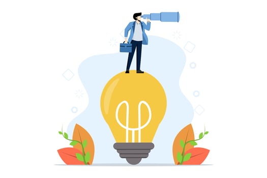 Visionaries sit on giant light bulbs and look through binoculars looking for funding or venture money. financing search, landing page template. Startups need funding for launch, business development. vector