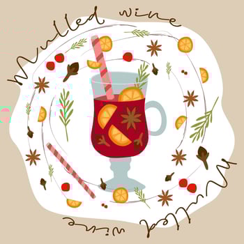 Mulled wine Ingredients with Lettering. Wine Glass, Sliced oranges, Clove, Anise star, Berries, Drinking straw. Vector Flat illustration. Winter season Hot Drink, Christmas beverage. Design element