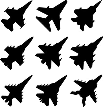 Fighter jet icon set. Military airplane graphic resources for icon, symbol, or sign. Vector icon of military aircraft for design of military, war or conflict
