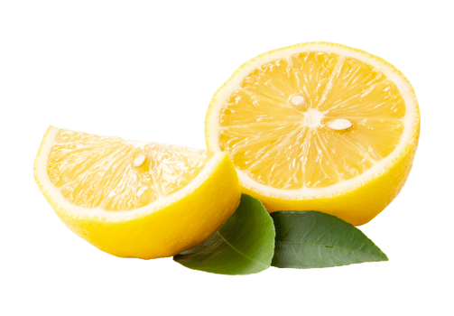 Front view of beautiful yellow lemon half with slice isolated with clipping path in png file format
