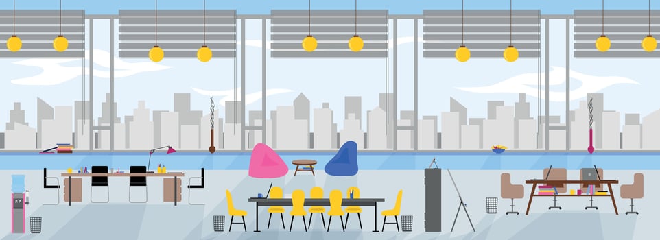 Coworking room. Office, room in a building. Open. Vector flat illustration