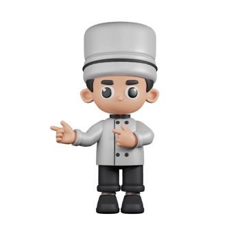 3d Character Chef Pointing Fingers In Direction Pose. 3d render isolated on transparent backdrop. png