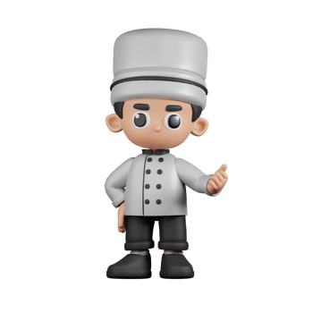 3d Character Chef Pointing Next Pose. 3d render isolated on transparent backdrop. png