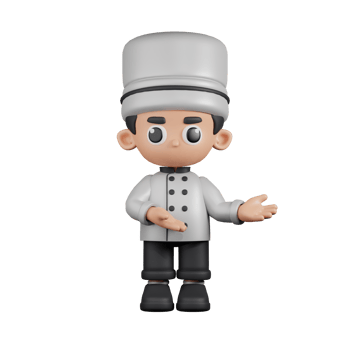 3d Character Chef Pointing To Something Pose. 3d render isolated on transparent backdrop. png