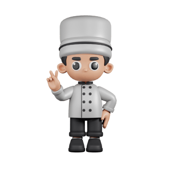 3d Character Chef Showing Peace Sign Pose. 3d render isolated on transparent backdrop. png