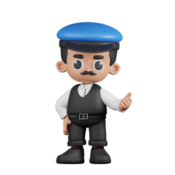 3d Character Driver Pointing Next Pose. 3d render isolated on transparent backdrop. png