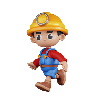 3d Character Miner Running Pose. 3d render isolated on transparent backdrop. png