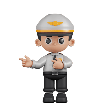 3d Character Pilot Pointing Fingers In Direction Pose. 3d render isolated on transparent backdrop. png