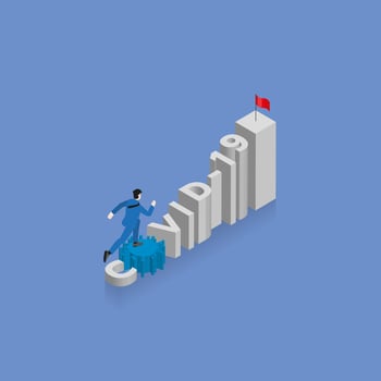 Businessman runs and steps up a stair, a staircase is the word COVID-19 vector