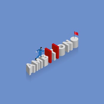 Businessman runs aim to target on the word AMBITION, arrange in alphabet vector