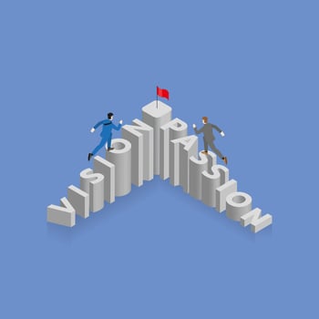Businessman run and step up stair with a competitor, staircase is a text word VISION and PASSION vector
