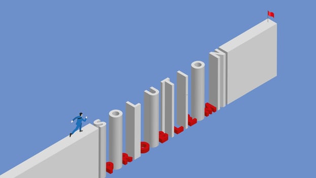 Businessman runs on step text SOLUTION alternate with red trap obstacle word PROBLEM vector