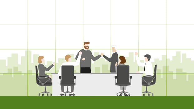 employee in a meeting room and enjoying a job together. Boss shake hands with pleasure. vector