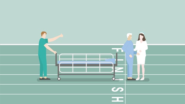 Elderly patient hospitalization, treatment, physical medicine, rehabilitation and medical. Senior diseased male cure from illness vector