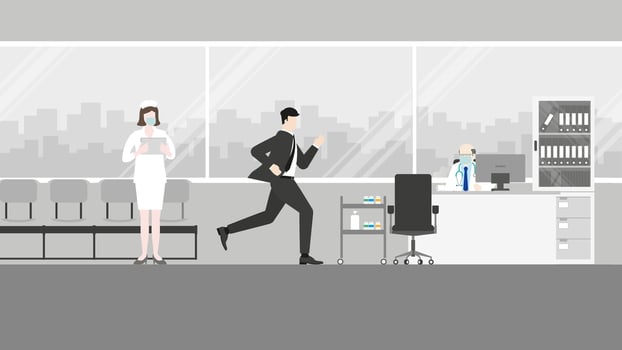 Hurry office people, a businessman runs to the doctor's appointment at the hospital vector