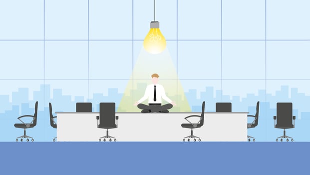 A businessman meditates with a light bulb in a meeting. vector