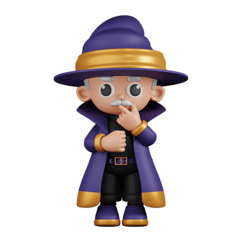 3d Character Wizard Curious Pose Pose. 3d render isolated on transparent backdrop. png