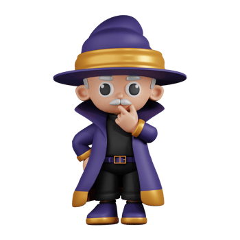 3d Character Wizard Curious Pose. 3d render isolated on transparent backdrop. png