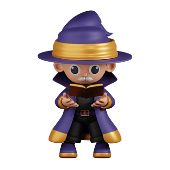 3d Character Wizard Reading Spellbook Pose. 3d render isolated on transparent backdrop. png