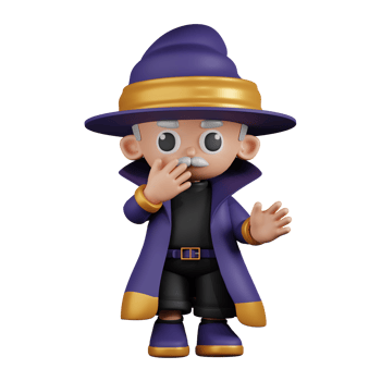 3d Character Wizard Surprised Pose. 3d render isolated on transparent backdrop. png