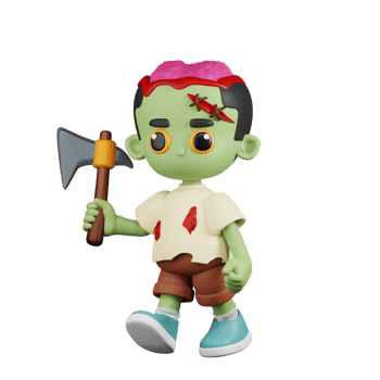 3d Character Zombie Holding A Big Axe Pose. 3d render isolated on transparent backdrop. png