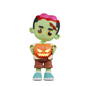 3d Character Zombie Holding Halloween Pumpkin Pose. 3d render isolated on transparent backdrop. png