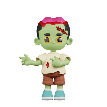 3d Character Zombie Pointing Fingers In Direction Pose. 3d render isolated on transparent backdrop. png
