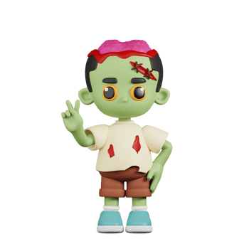 3d Character Zombie Showing Peace Sign Pose. 3d render isolated on transparent backdrop. png