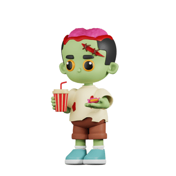 3d Character Zombie With A Cup Of Soda Drink And Candy Pose. 3d render isolated on transparent backdrop. png