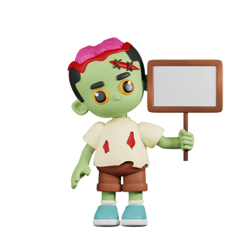 3d Character Zombie With White Paper Sign Pose. 3d render isolated on transparent backdrop. png