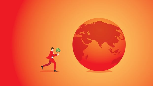 A man runs and brings a tree to the red and hot earth. vector