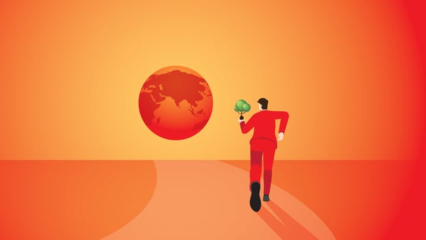 A back view of a man brings a tree to the red earth. vector