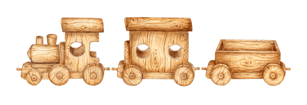 Children's toy wooden train and two trailers. Watercolor illustration of transport for small children on an isolated background. Drawing of a toy train for children's design. png
