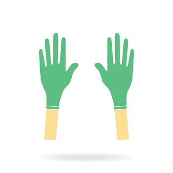 hand wearing protective green gloves Latex gloves are a symbol of protection against viruses and bacteria. caution icon flat vector illustration design lonely on a white background.