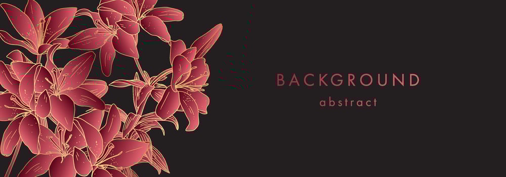 Luxury banner with pink golden lilies. Shiny gold flowers on black background vector