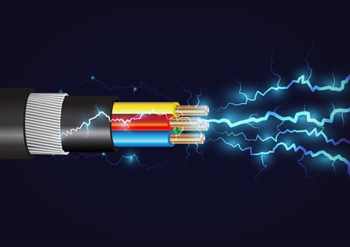 Electrical cable with copper wires, power equipment of energy industry. Vector realistic cable break or disconnect with electric discharge and sparks between stripped conductors.