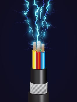 Electrical cable with copper wires, power equipment of energy industry. Vector realistic cable break or disconnect with electric discharge and sparks between stripped conductors.