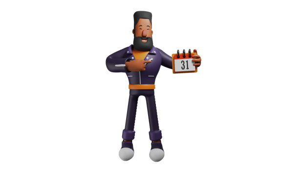 3D illustration. Bearded Man 3D Cartoon Character. The cool man standing pointed at the calendar he was carrying. A sweet man smiling happily welcoming the Christmas celebration. 3D cartoon character png