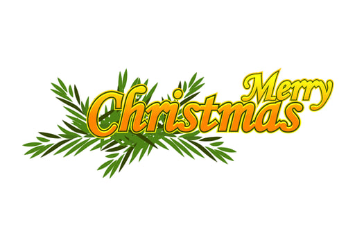 Merry Christmas golden text with a tree branch. Vector holiday illustration element