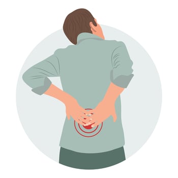 A man with pain in the cervical and lumbar vertebrae. Back pain, muscle pain, osteoarthritis, rheumatoid arthritis. Medicine. Illustration, vector