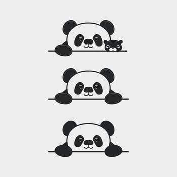 Cute panda peek or paws up over wall collection, panda face cartoon icon, vector illustration, isolated black and white