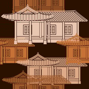 Editable Traditional Hanok Korean House Building Vector Illustration as Seamless Pattern With Dark Background for Decorative Element of Oriental History and Culture Related Design