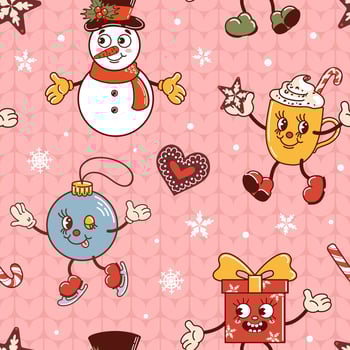 Snowman, gift and hot chocolate mug dancing, ball is skating. Cute old retro cartoon style characters. Knitted ugly sweater. Seamless pattern for wallpaper, fabric, wrapping, background. vector