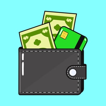 Cute funny Wallet with money and credit card. Vector hand drawn cartoon kawaii character illustration icon. Isolated on blue background. Wallet with money and credit card character concept