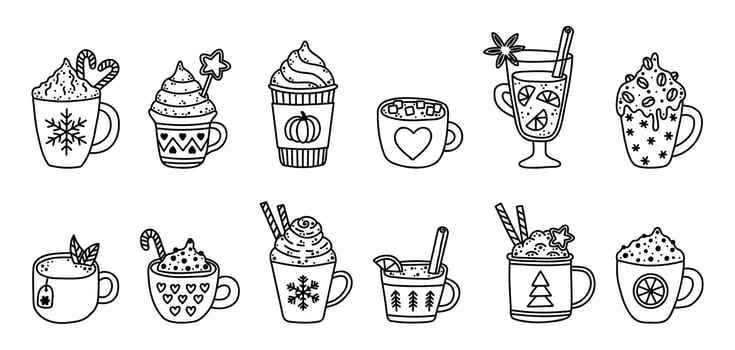 Autumn and winter hot drinks coloring doodle. Cozy cup with coffee, pumpkin spice latte, hot chocolate with marshmallow, cacao with whipped cream, mint tea, mulled wine, cinnamon vanilla latte vector