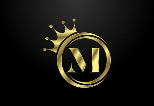 English alphabet M with a crown. Royal, King, queen luxury symbol. Font emblem. Vector illustration