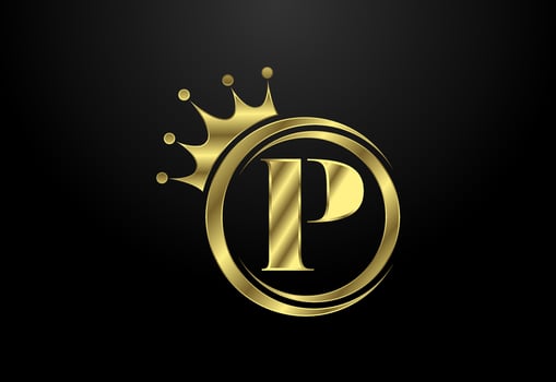 English alphabet P with a crown. Royal, King, queen luxury symbol. Font emblem. Vector illustration