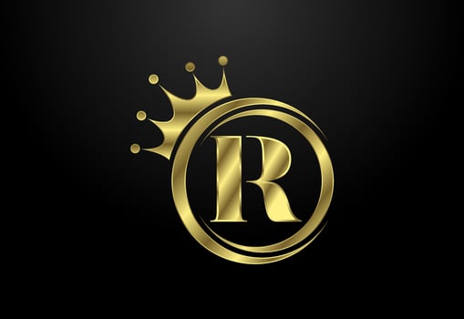 English alphabet R with a crown. Royal, King, queen luxury symbol. Font emblem. Vector illustration